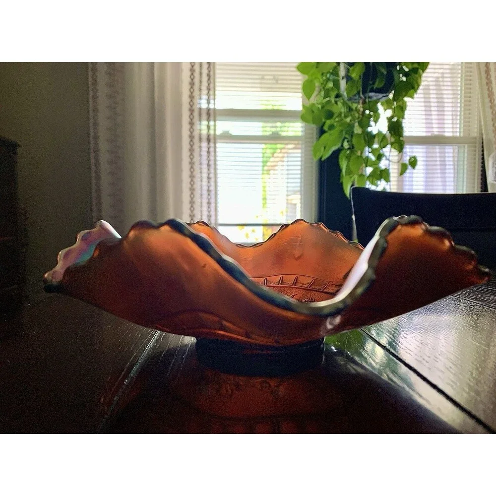 Antique Dugan Amethyst Windflower Iridescent Carnival Glass Ruffled Bowl 8